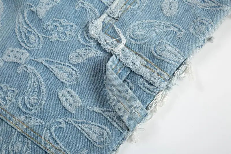 men distressed ripped patchwork paisley denim jean trouser fashion zipper biker jeans streetwear flare pants loose joggers jeans unique joggers style 5048