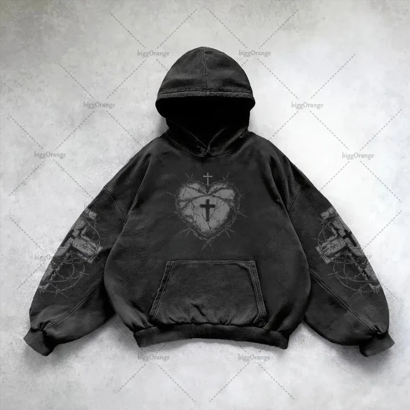Gothic Punk Style Y2K Harajuku Retro Hoodie Cross Hip-hop Casual Loose Oversized Sweatshirt Men American Trend Brand Streetwear