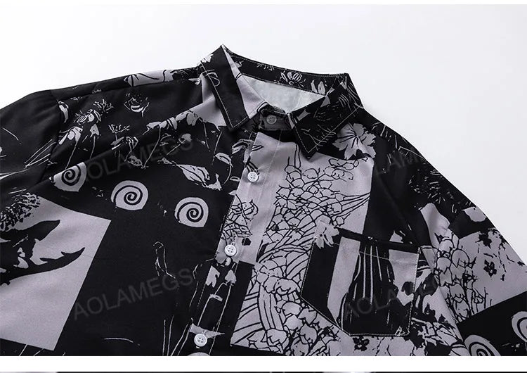 Men Hawaiian Shirt Retro Floral Print Short Sleeve Blouse Hong Kong Style Summer Beach Vacation Tops Casual Loose Shirt Black
