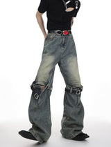 mens knee patchwork belts denim jeans unisex hip hop fashion streetwear harajuku loose flare straight y2k jean pants joggers unique joggers style 4294