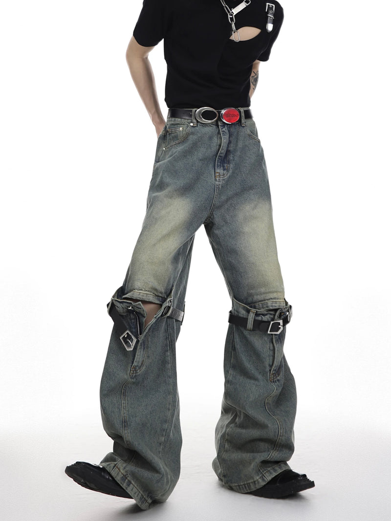 mens knee patchwork belts denim jeans unisex hip hop fashion streetwear harajuku loose flare straight y2k jean pants joggers unique joggers style 4294