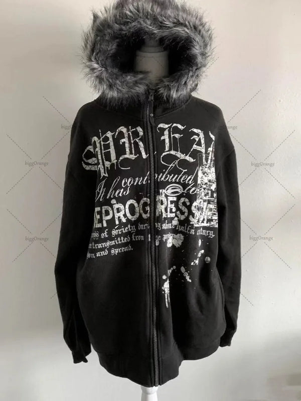 Harajuku Y2K Streetwear Jacket High Street Retro Fur Collar Zipper Hoo