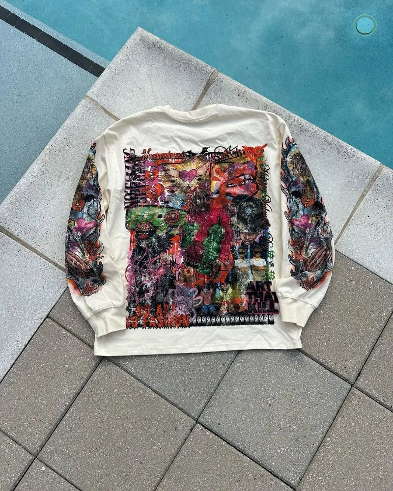 Harajuku Aesthetic print tee – Y2K Street Rock Hip Hop Anime Printed Long Sleeved Top Men A
