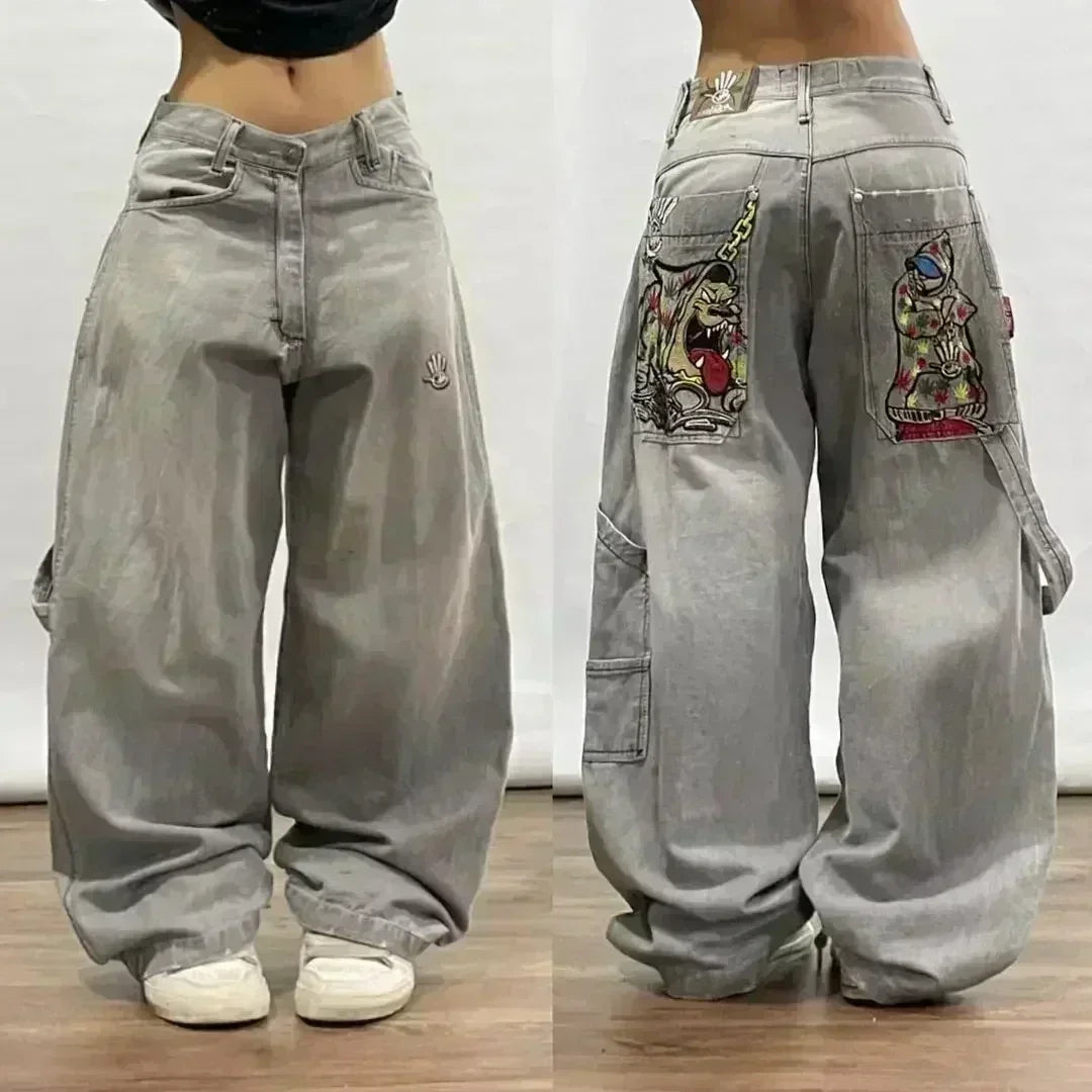 american y2k new fashion pattern embroidered spot straight jeans men street hip hop retro loose wide leg pants couple punk jeans unique jeans style 2924