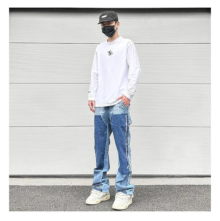 patchwork design denim flare jeans pants men casual zipper straight biker trousers jeans fashion streetwear hip hop jean joggers unique joggers style 2603
