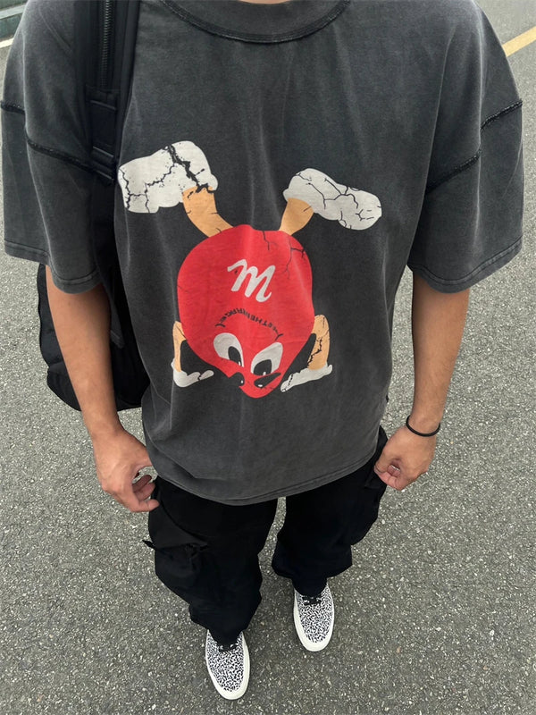 Summer Retro Chocolate Bean Crack Print Cartoon Washed Vintage Short Sleeved Creative High-quality Street Oversize Short Sleeved