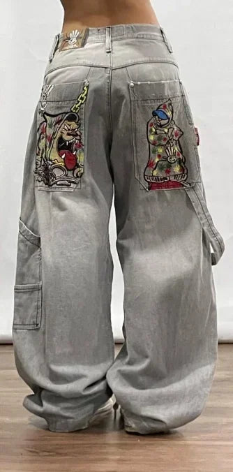 baggy jeans men and women retro harajuku hip hop high waist wide leg trouser y2k new protect jeans letter embroidery washed blue unique jeans style 2540