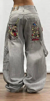 baggy jeans men and women retro harajuku hip hop high waist wide leg trouser y2k new protect jeans letter embroidery washed blue unique jeans style 2540