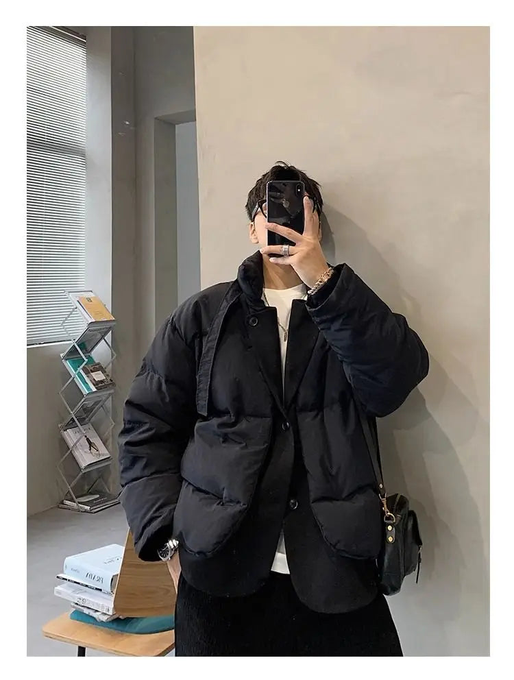 Korean street trend men and women retro personality fake two piece design couple winter loose thick casual jacket top harajuku