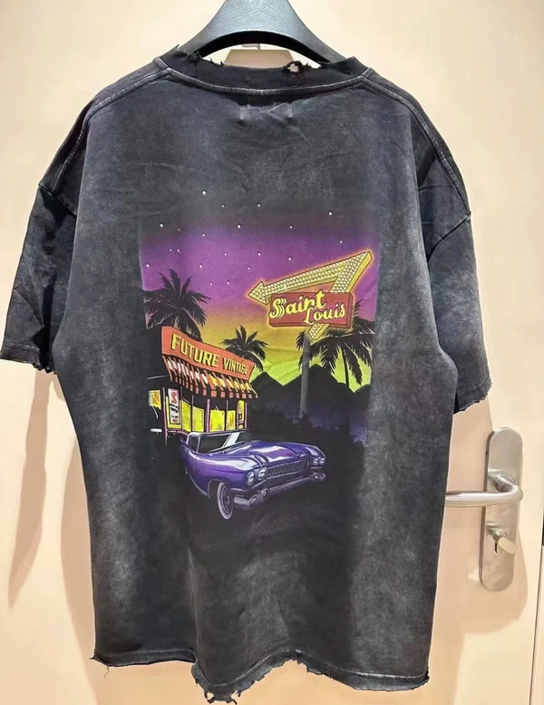 24ss Saint Louis Future Vintage Retro Print High-Street Cotton Short Sleeve Washed Distressed Tops T-Shirt For Summer