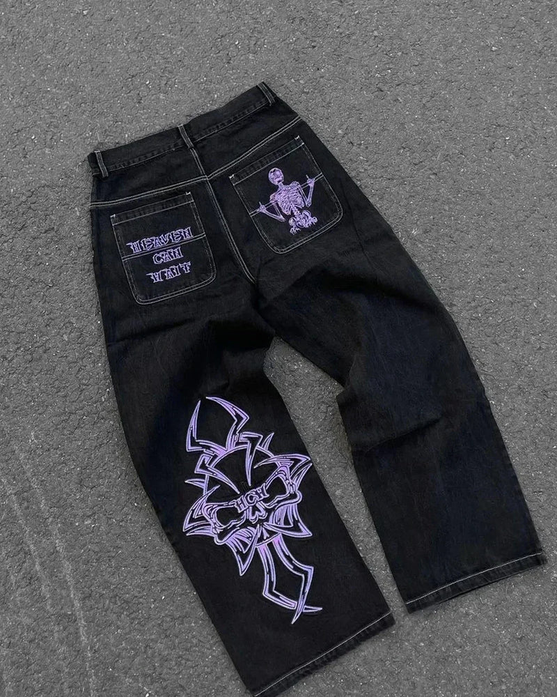 baggy jeans harajuku goth y2k jeans for men black striped new hip hop embroidered wide leg denim pants high street streetwear unique jeans style 277