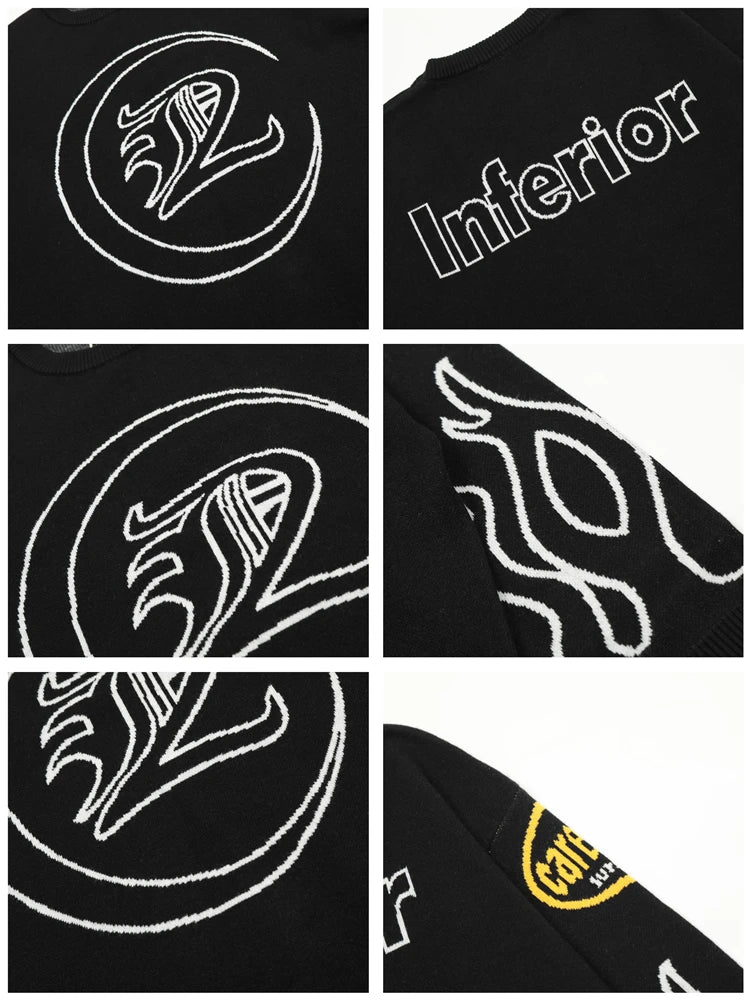 hip hop knitted sweater men letter fire pattern o neck pullover streetwear casual loose sweater unisex harajuku jumpers knitwear Y2K vintage urban hoodie, oversized graphic print design, unique limited edition hoodie