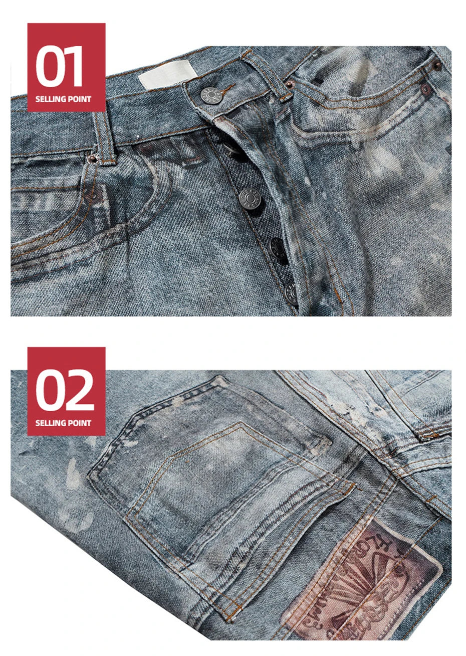 dirty tie dye baggy jeans mens streetwear hip hop loose blue denim pants hi street luxury designer jeans trousers man unique jeans style 2196