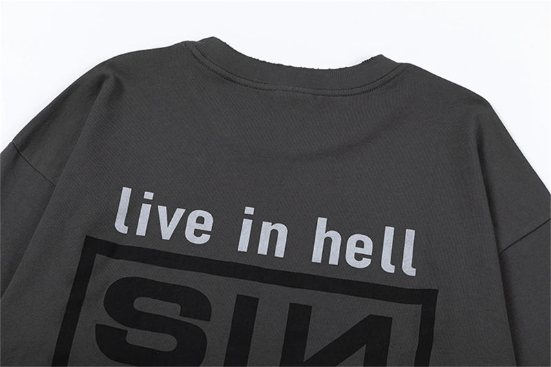 sadcore vintage t-shirt featuring summer retro vintage sin print high street distressed worn cotton casual loose long sleeve t shirt pullover