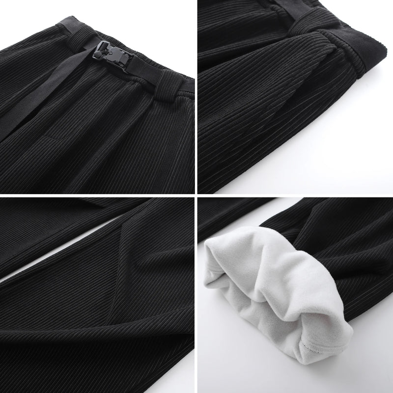 winter mens wide leg straight sweatpants korean fashion warm fleece track pants male casual thermal trousers with long belt casual joggers
