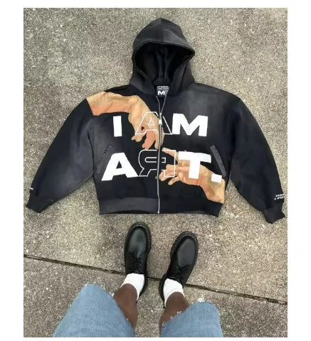 Hip Hop Trendy Streetwear Y2K Harajuku American Retro Letter Print Zip
