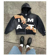 Hip Hop Trendy Streetwear Y2K Harajuku American Retro Letter Print Zip