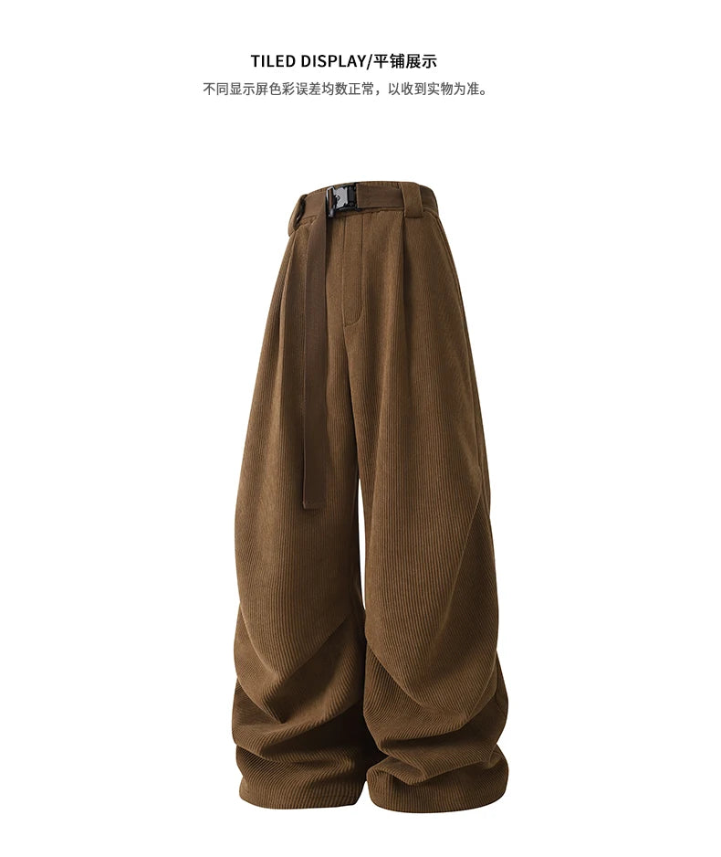 winter mens wide leg straight sweatpants korean fashion warm fleece track pants male casual thermal trousers with long belt unique joggers style 1088