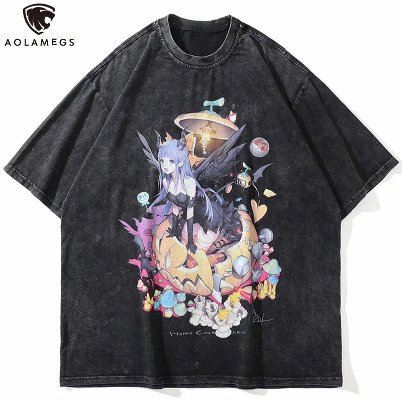 Skatercore Oversized shirt – Aolamegs Mens T Shirt Letter Printed Anime Esthetics Graphic