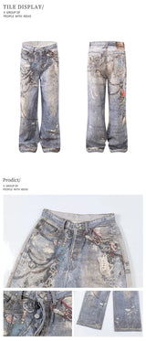new 3d chain printed baggy jeans for men and women casual baggy straight denim pants high street wide leg y2k blue jean unique jeans style 437