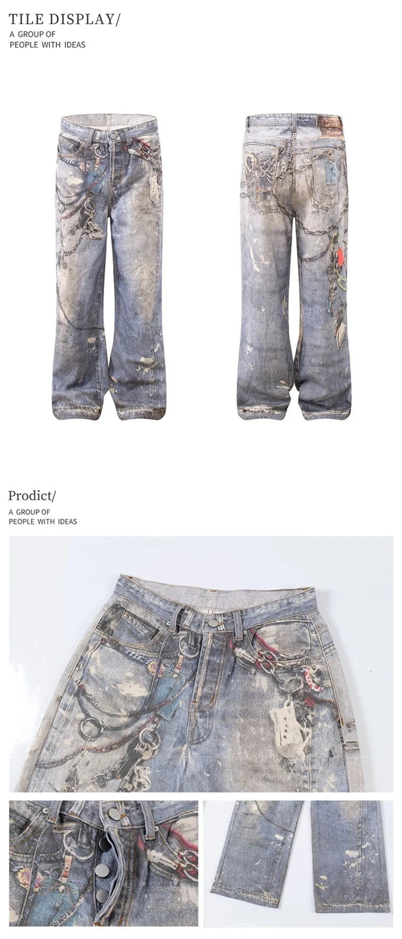 new 3d chain printed baggy jeans for men and women casual baggy straight denim pants high street wide leg y2k blue jean unique jeans style 437