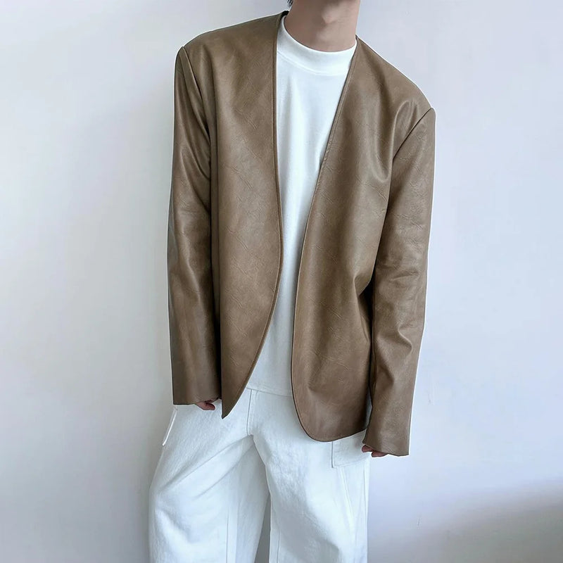 Mens Pu Leather Suit Jacket British Cardigan Casual Jacket Autumn Streetwear Campus Versatile Long-Sleeve Top Men'S Clothing