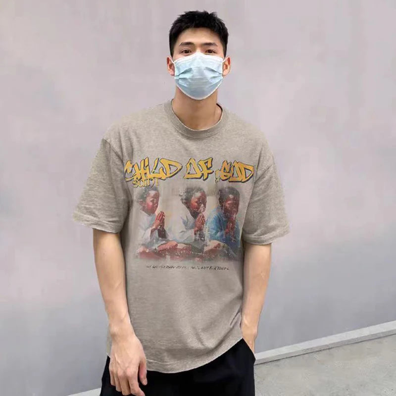 Glitchcore Fashion – Saint T Shirt Prayer Child Nostalgia Vintage Printing Hip Ho – Urban Streetwear for Men & Women