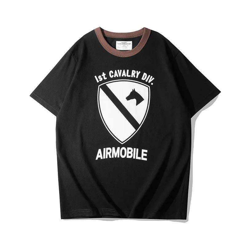 Summer Short Sleeved Men'S Military Retro Cavalry Division Letter Printing Casual Cotton Breathable Color Matching Round Neck