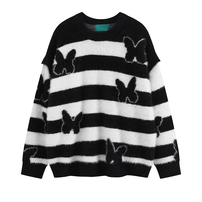 fashion striped sweaters women casual botton open sleeves butterfly knitted streetwear y2k warm furry o neck pullover knitwear - trendy hip hop fashion hoodie, high quality cotton hoodie, vintage look oversized hoodie