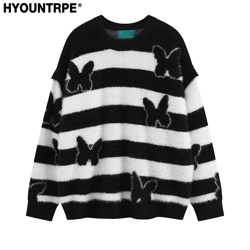 fashion striped sweaters women casual botton open sleeves butterfly knitted streetwear y2k warm furry o neck pullover knitwear - trendy hip hop fashion hoodie, high quality cotton hoodie, vintage look oversized hoodie