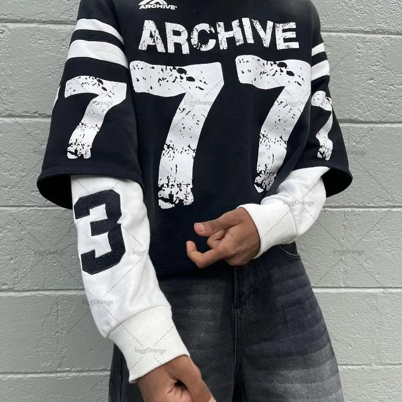Trendy Brand Alphanumeric Printing Oversized Splicing Long-sleeved Men Y2k Street Hip-hop Rock Casual Retro Pullover Women