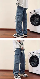 american retro and personalized straight leg jeans for men and women with hiphop big pocket design work pants loose casual pants unique jeans style 767