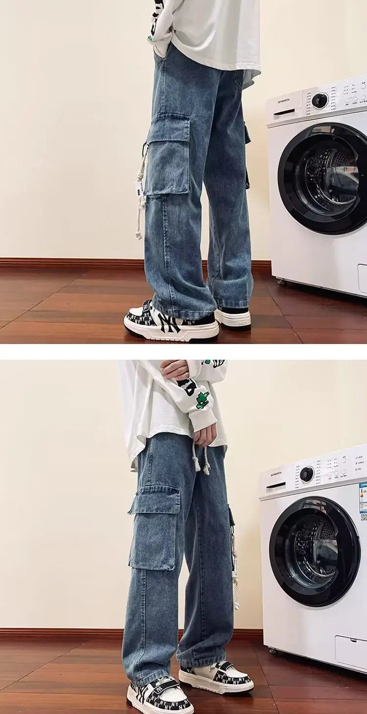 american retro and personalized straight leg jeans for men and women with hiphop big pocket design work pants loose casual pants unique jeans style 767