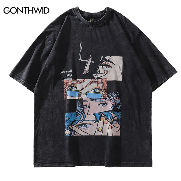 Harajuku Oversized Shirt – Distressed Oversize T Shirt Streetwear Japanese Anime Eyes P – Urban Streetwear for Men & Women