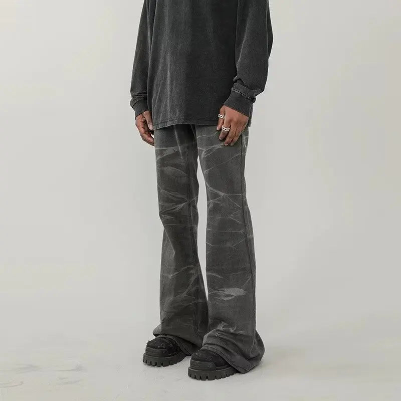 american tie dyed washed flared jeans european and american streetwear ripple design mens trendy distressed flare denim pants unique jeans style 469