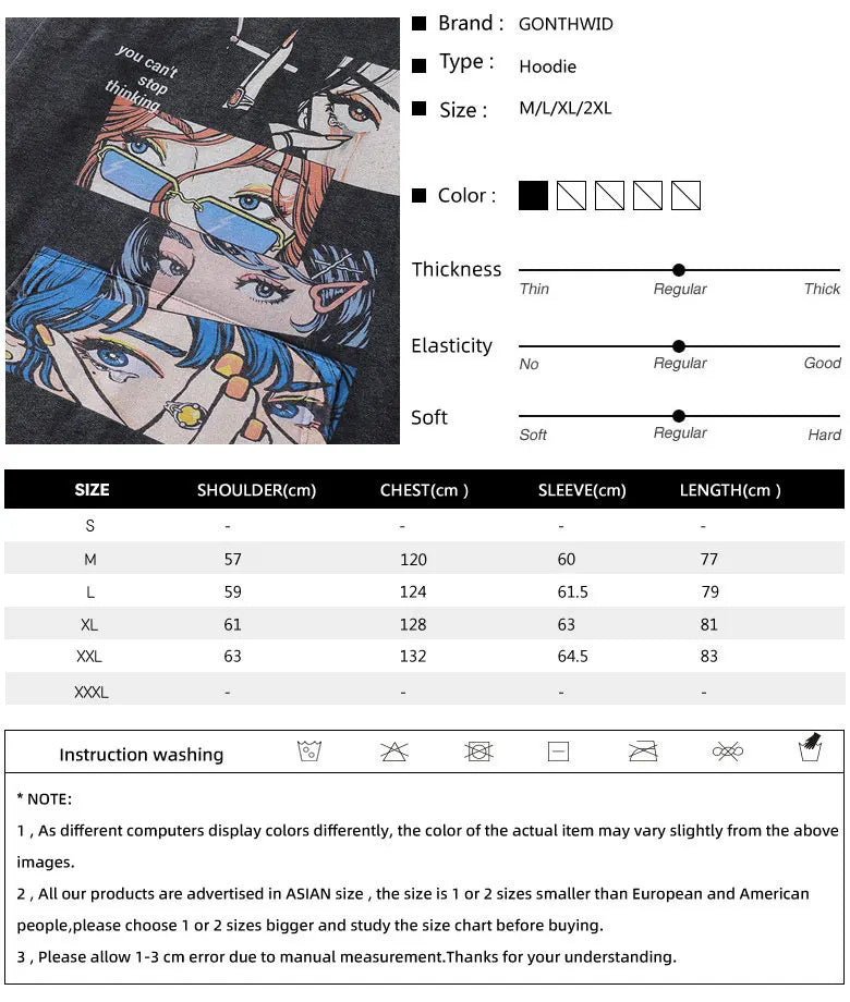Vintage Hoodie Streetwear Y2K Hip Hop Japanese Anime Girl Print Oversi