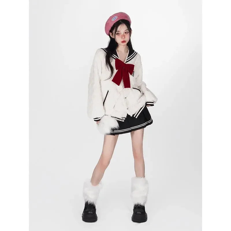 Harajuku Sweet Thicknecked Bow College Coat Woman Zip Up Hoodie Sailor