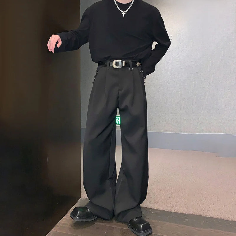 mens casual suit trousers buckle decoration british straight pants streetwear fashion niche commuter pants mens clothing 2024 unique default style 95
