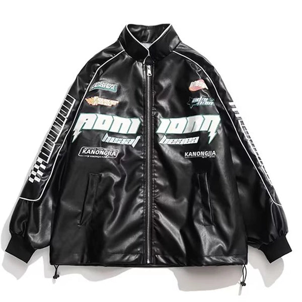 Embroidery Leather Jackets Men Women Racing Patchwork High Street Autumn Oversized Y2k PU Baseball Coat Vintage Outwear Couple