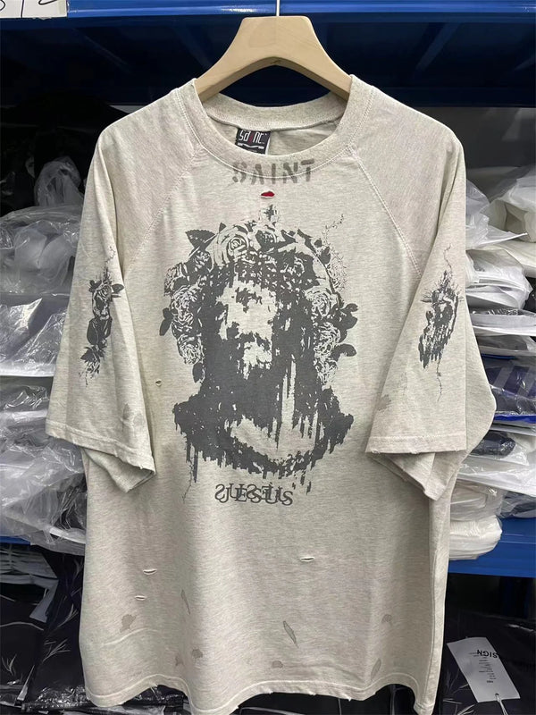 Sadcore Streetwear top – Y2K Vintage Jesus Portrait Graffiti Print Damages Pullover W