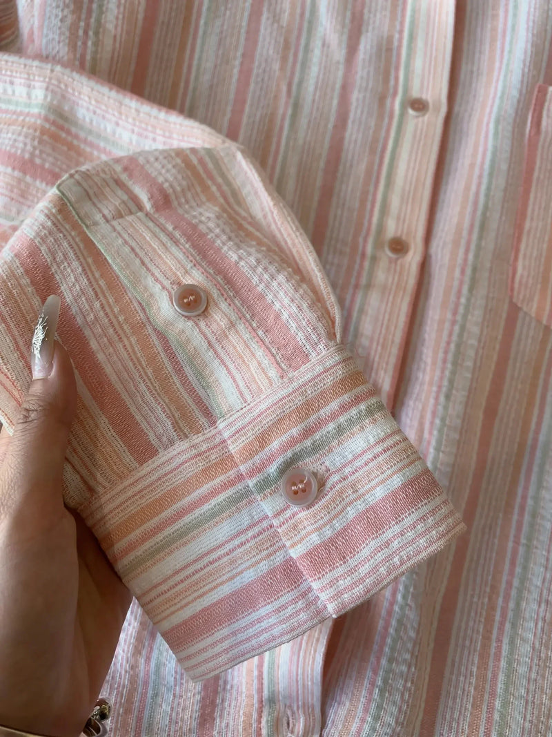 Early Autumn Sweet Striped Polo Collar Long Sleeved Shirt Womens Autum