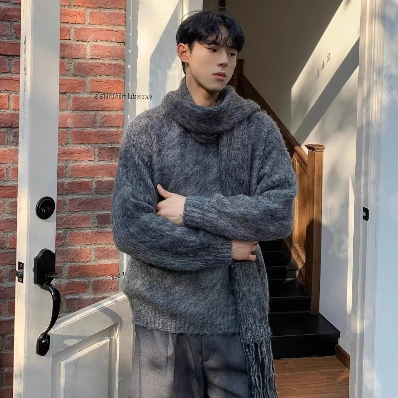 varsity flame knitwear, statement sweater, cozy knitwear for men, oversized grunge aesthetic winter top