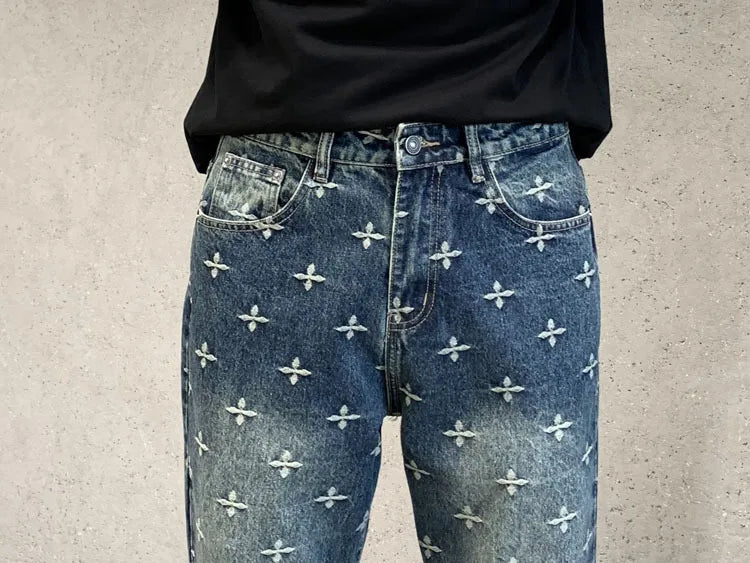 autumn winter new trendy brand jacquard jeans men high street hiphop casual fashion loose denim jeans pants boyfriend trousers unique jeans style 2952