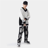 hip hop streetwear knitted sweater sweater 2022 mens harajuku ripped holes new casual v neck tops cotton loose pullover sweaters - Y2K grunge street style, urban fashion pullover, vintage look oversized hoodie