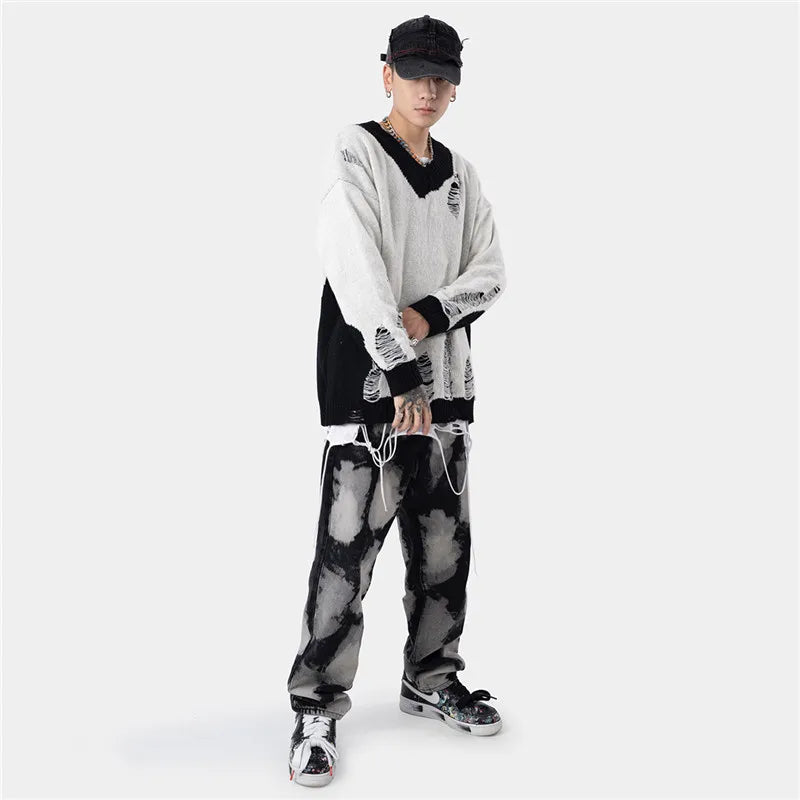 hip hop streetwear knitted sweater sweater 2022 mens harajuku ripped holes new casual v neck tops cotton loose pullover sweaters - Y2K grunge street style, urban fashion pullover, vintage look oversized hoodie