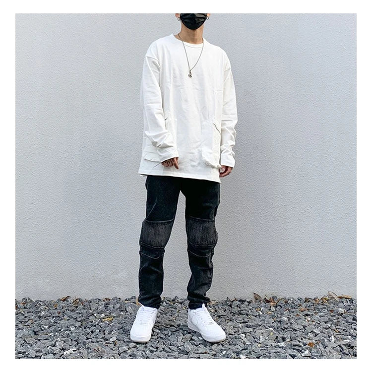 high street white knee pleated vertical stripe elastic fit skinny jeans male casual small leg jeans pants slim mens clothing unique jeans style 3666