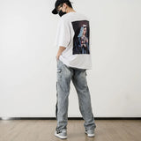 men fashion denim jeans casual bottom button open straight jeans with pockets hip hop streetwear zipper cargo joggers jean pants unique joggers style 2519