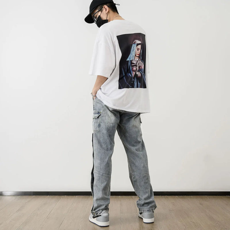 men fashion denim jeans casual bottom button open straight jeans with pockets hip hop streetwear zipper cargo joggers jean pants unique joggers style 2519