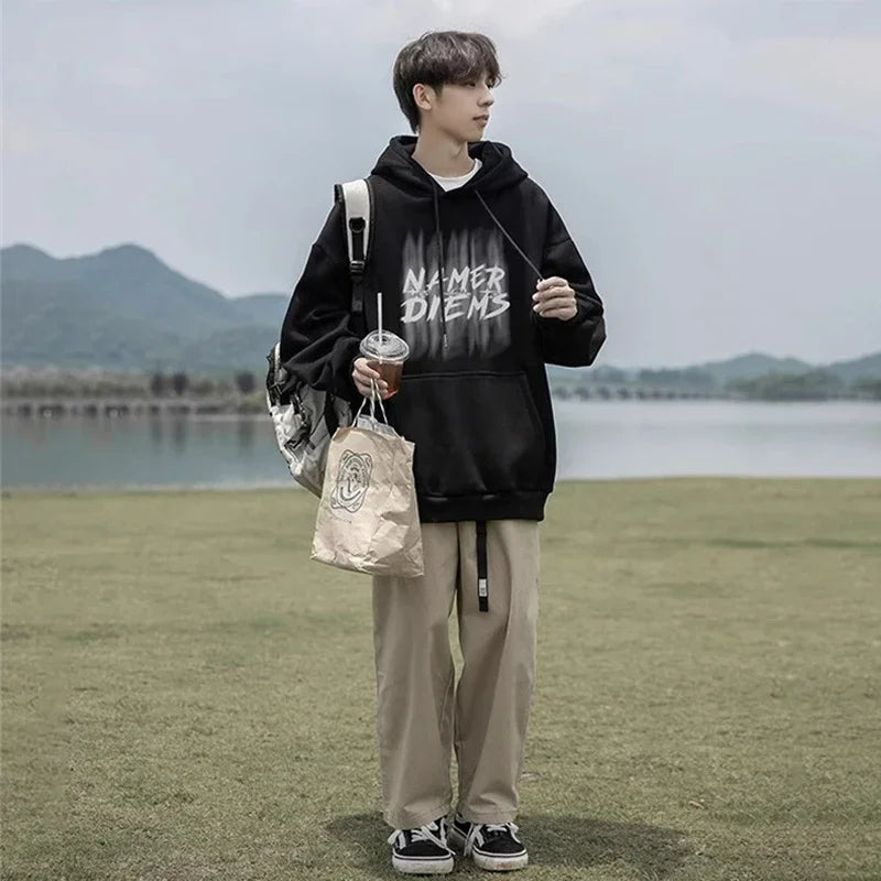 2024 New Graffiti Letter Print Hooded Fleece Sweatshirt For Men Loose