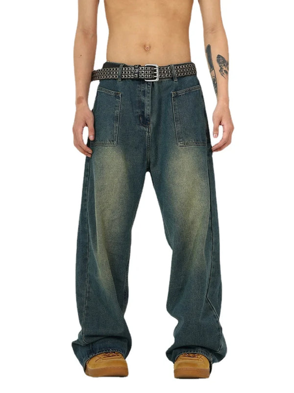 retro washed denim baggy jeans pants unisex hip hop fashion streetwear harajuku loose wide leg straight y2k pants joggers men urban active pants